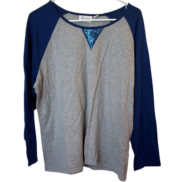 Denim & Co. Active Women's Top 1X Sequin Neckline Accent Contrasting Blue Sleeve - Picture 2 of 4